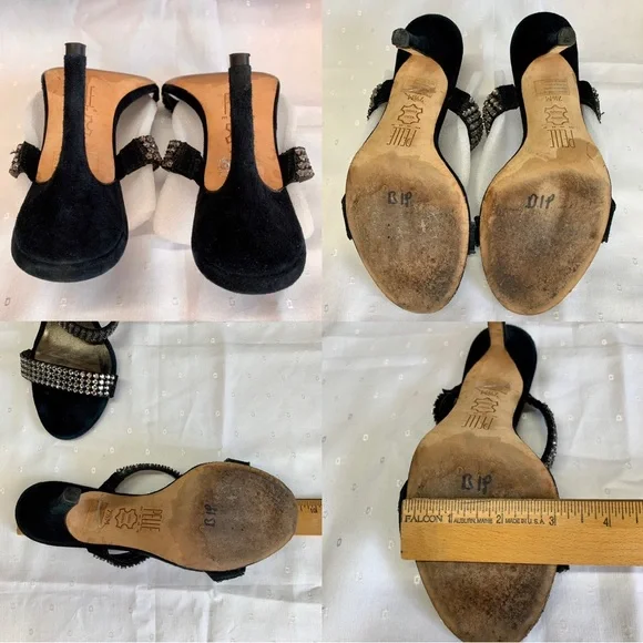 Black Suede Dressy Formal Sexy High Heel Leather Sandals Rhinestone Size 7.5 EUC - Picture 5 of 6